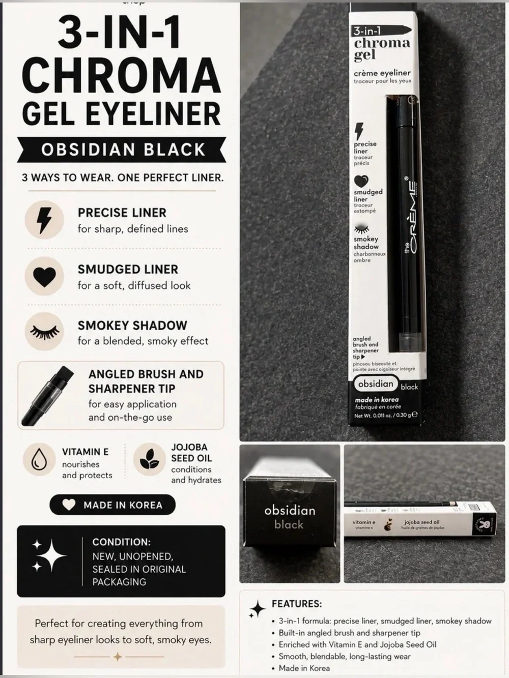 The Crème Shop 3 In 1 Chroma Gel Creme Eyeliner Obsidian Black